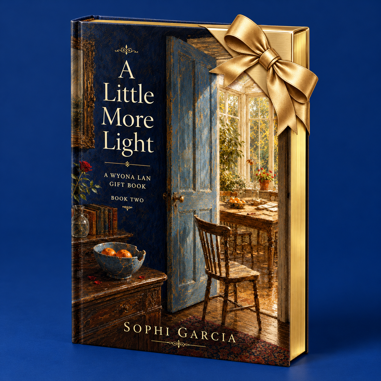 A Little More Light — gift-edition mockup with gold page edges and a satin ribbon seal