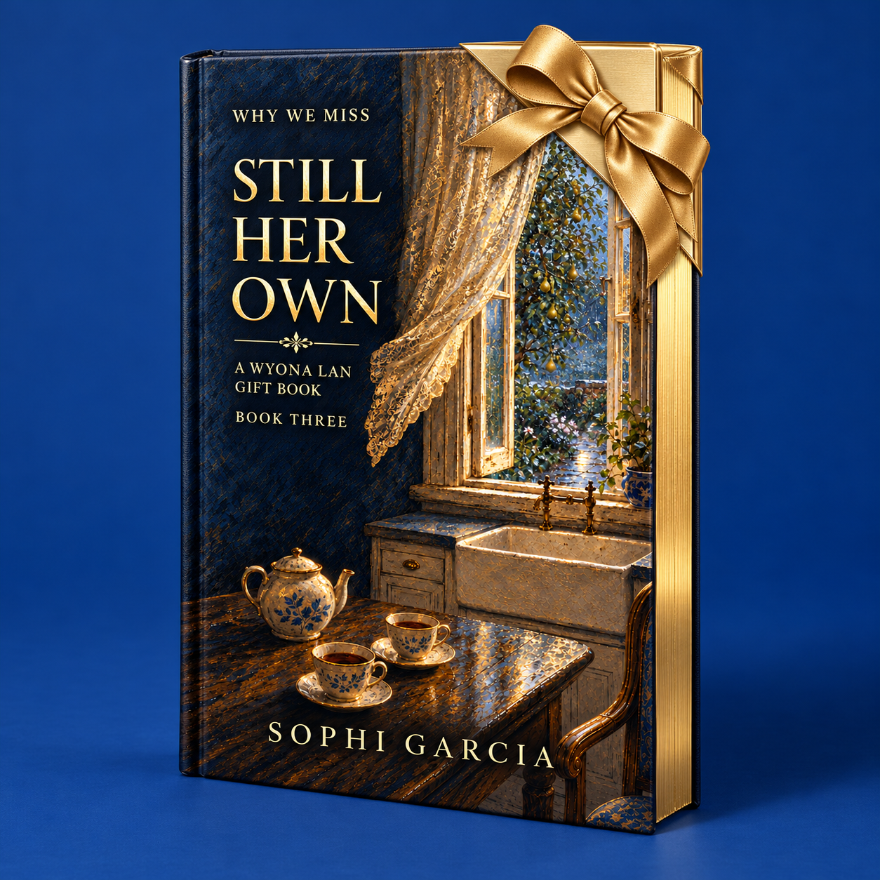 Still Her Own — gift-edition mockup with gold page edges and a satin ribbon seal