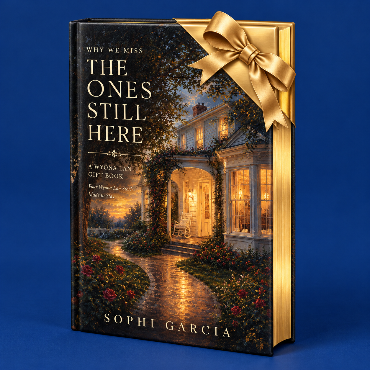 The Ones Still Here — gift-edition mockup with gold page edges and a satin ribbon seal