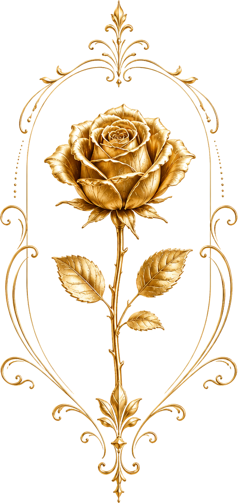 A gold rose held within an ornate gold frame